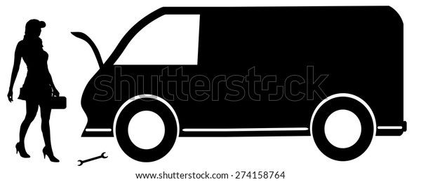 Vector\
silhouette car repairs on a white\
background.