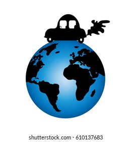 Vector silhouette of a car ride over world on white background.