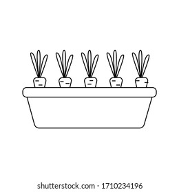 Vektorillustration Silhouette von Karotten in einem Topf auf weißem Hintergrund, gesunde und ausgewogene Ernährung. Gemüseanbau im Garten. Flaches Design des Produkts ohne Füllung. Vektorillustration und Stockillustration.