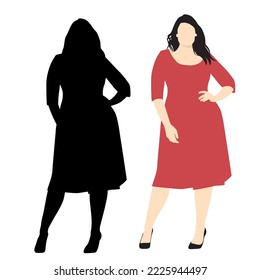 Vector silhouette and cartoon character of  standing  woman, the beautiful plus size fashion woman, black, red and beige  colors, isolated on a white background