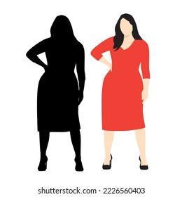 Vector silhouette and cartoon character of  standing  woman, the beautiful plus size fashion woman, black, red and beige  colors, isolated on a white background