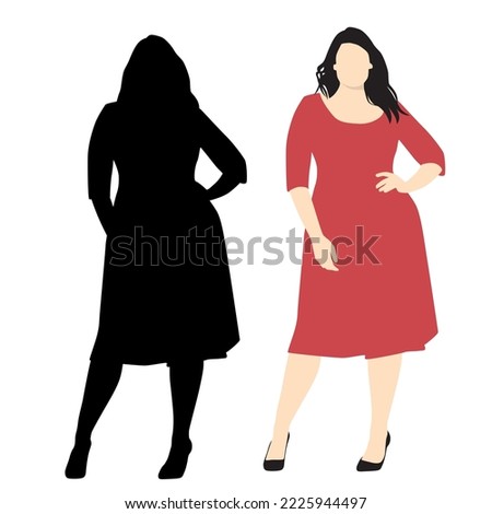Vector silhouette and cartoon character of  standing  woman, the beautiful plus size fashion woman, black, red and beige  colors, isolated on a white background