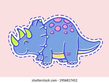 Vektor Silhouette Cartoon Cute farbenfrohe, mehrfarbige pastellfarbene kawaii Umrisszeichnung Illustration von blauem Baby Triceratops Dinosaurier für Kinder einzeln auf rosafarbenem Hintergrund.Vinyl-Wandaufkleber für Kinder