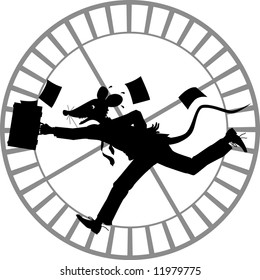 vector silhouette cartoon graphic depicting a running rat dressed as businessman (concept: rat race)