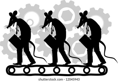 vector silhouette cartoon graphic depicting a rats dressed as businessmen on a treadmill (concept: rat race)