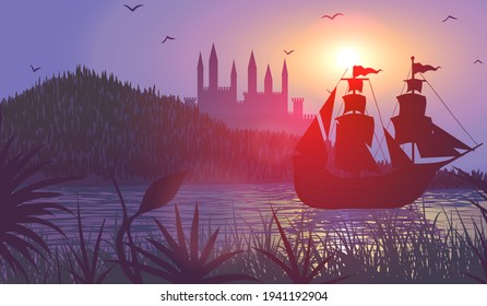 Vector silhouette of castle of hill and ship at sea coast.