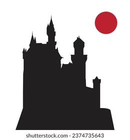 Vector silhouette of castle with red moon. Creepy castle. Halloween theme.