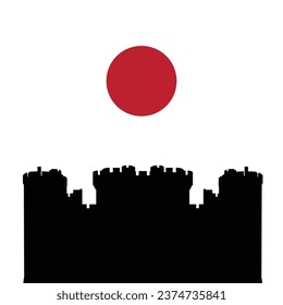 Vector silhouette of castle with red moon. Creepy castle. Halloween theme.