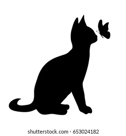 Vector silhouette of cat with butterfly on white background.