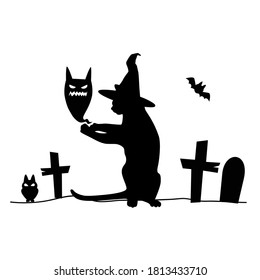 Vector silhouette of a cat in a cemetery with crosses, bats, ghost. The black cat in the witch's hat summons the spirit.