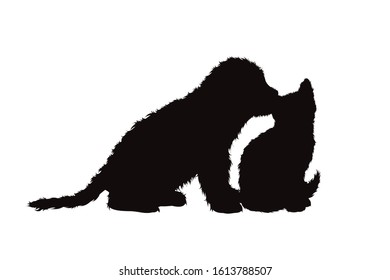 Vector silhouette of cat and dog on white background. Symbol of home pets play together.