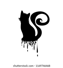 Vector silhouette of cat with drops on white background.