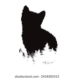 Silueta vectorial de un gato con un bosque sobre un fondo blanco. Animal de granja, mascota y símbolo abstracto.
