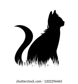 Vector silhouette of cat in the grass on white background.