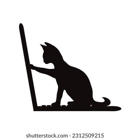 Vektorsilhouette der Katze mit Laptop auf weißem Hintergrund. Symbol der Technologie.