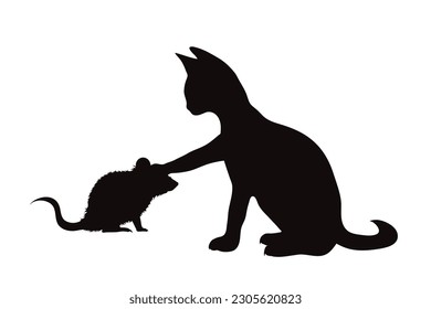 Vector silhouette of cat with mouse on white background.