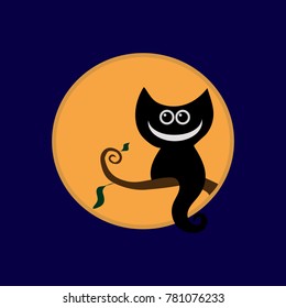 Vector silhouette of a cat on a branch and the moon. Flat design.