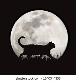 Vector silhouette of cat on moon background. Symbol of night and home animals.