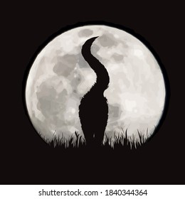 Vector silhouette of cat on moon background. Symbol of night and home animals.