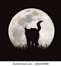 Vector silhouette of cat on moon background. Symbol of night and home animals.