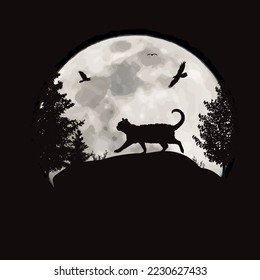 Vector silhouette of cat on moon background. Symbol of night and pet animal.