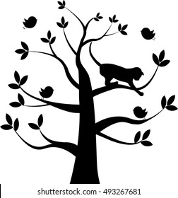 Vector silhouette of a cat on the tree catching the bird
