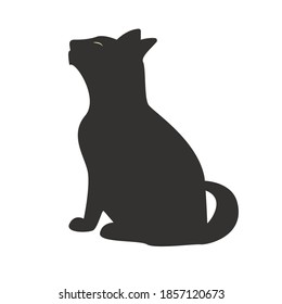 Vector Silhouette Of A Cat, Pet Sits And Looks Up, Kitten Profile