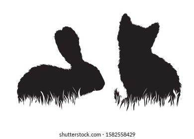 Vector silhouette of cat and rabbit in the grass on white background. Symbol of animal, farm, kitty, garden, home, nature, pasture.