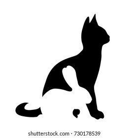 Vector silhouette of cat with rabbit logo on white background.