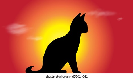 Vector silhouette of cat at sunset.