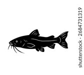Vector silhouette of a catfish in black, isolated on white background. Ideal for fishing design, seafood illustration, restaurant logo, aquatic animal symbol, or nature artwork