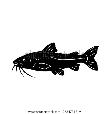 Vector silhouette of a catfish in black, isolated on white background. Ideal for fishing design, seafood illustration, restaurant logo, aquatic animal symbol, or nature artwork