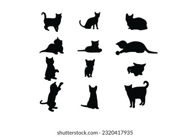 vector silhouette of cats in different positions, vector hand drawn animals silhouette set, vector vector cats set. animal pet, wildcat and kitten, hunter and predator, black silhouette illustration.