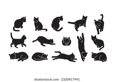 vector silhouette of cats in different positions, vector hand drawn animals silhouette set, vector vector cats set. animal pet, wildcat and kitten, hunter and predator, black silhouette illustration.