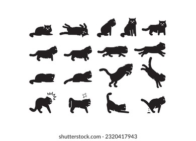 vector silhouette of cats in different positions, vector hand drawn animals silhouette set, vector vector cats set. animal pet, wildcat and kitten, hunter and predator, black silhouette illustration.