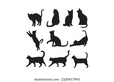 vector silhouette of cats in different positions, vector hand drawn animals silhouette set, vector vector cats set. animal pet, wildcat and kitten, hunter and predator, black silhouette illustration. svg