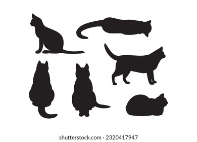 silueta vectorial de gatos en diferentes posiciones, conjunto de silueta de animales dibujados a mano vectorial, conjunto de gatos vectoriales vectoriales. mascota animal, gatito y salvaje, cazador y depredador, ilustración de silueta negra.