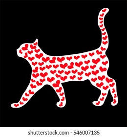vector silhouette of the cat's heart. used for greeting cards, Valentine, wedding invitation. kitty love. beautiful cat with red hearts. A series of comic cats. Greeting card for Valentine's Day