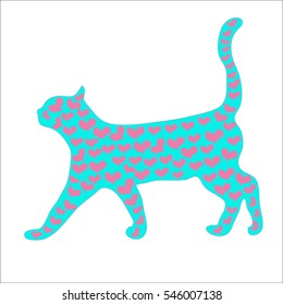 vector silhouette of the cat's heart. used for greeting cards, Valentine, wedding invitation. kitty love. beautiful cat with pink hearts. A series of comic cats. Greeting card for Valentine's Day