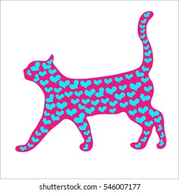 vector silhouette of the cat's heart. used for greeting cards, Valentine, wedding invitation. kitty love. beautiful cat with blue hearts. A series of comic cats. Greeting card for Valentine's Day