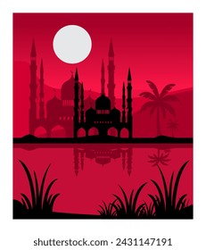 
silueta vectorial de la mezquita central en el medio del lago rojo, cielo rojo y fondo de luna llena, palmeras, arte, ramadán