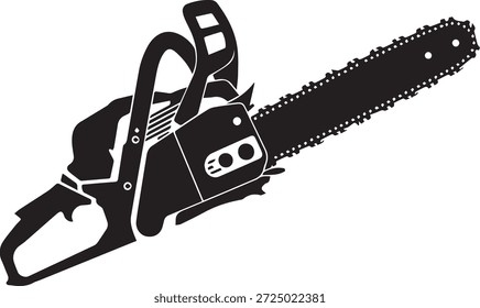 Vektorgrafik einer Kettensäge in Schwarz. Einfache Elektrowerkzeug-Form einzeln auf weißem Hintergrund. Ideal für Forstwirtschaft, Holzbearbeitung, Bauwesen, Heimarbeit und Industriedesign.