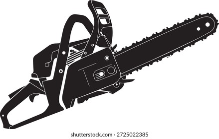 Vektorgrafik einer Kettensäge in Schwarz. Einfache Elektrowerkzeug-Form einzeln auf weißem Hintergrund. Ideal für Forstwirtschaft, Holzbearbeitung, Bauwesen, Heimarbeit und Industriedesign.