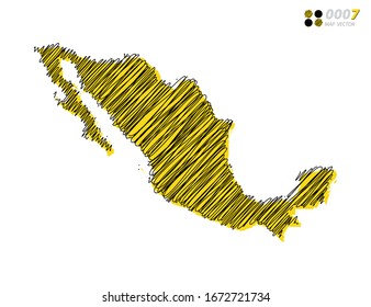 Vector silhouette chaotic hand drawn scribble yellow and black sketch  of Mexico map on white background.