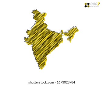 Vector silhouette chaotic hand drawn scribble yellow and black sketch  of India map on white background.