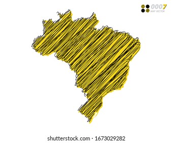 Vector silhouette chaotic hand drawn scribble yellow and black sketch  of Brazil map on white background.