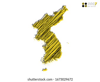 Vector silhouette chaotic hand drawn scribble yellow and black sketch  of Korea map on white background.