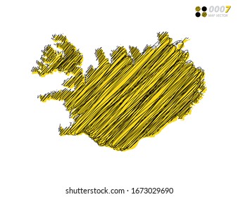 Vector silhouette chaotic hand drawn scribble yellow and black sketch  of Iceland map on white background.