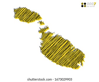 Vector silhouette chaotic hand drawn scribble yellow and black sketch  of Malta map on white background.