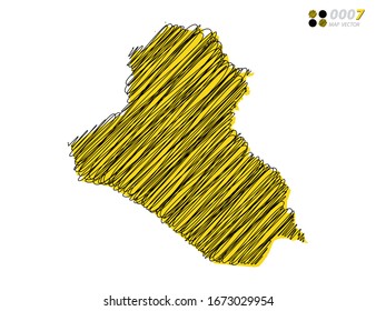 Vector silhouette chaotic hand drawn scribble yellow and black sketch  of Iraq map on white background.